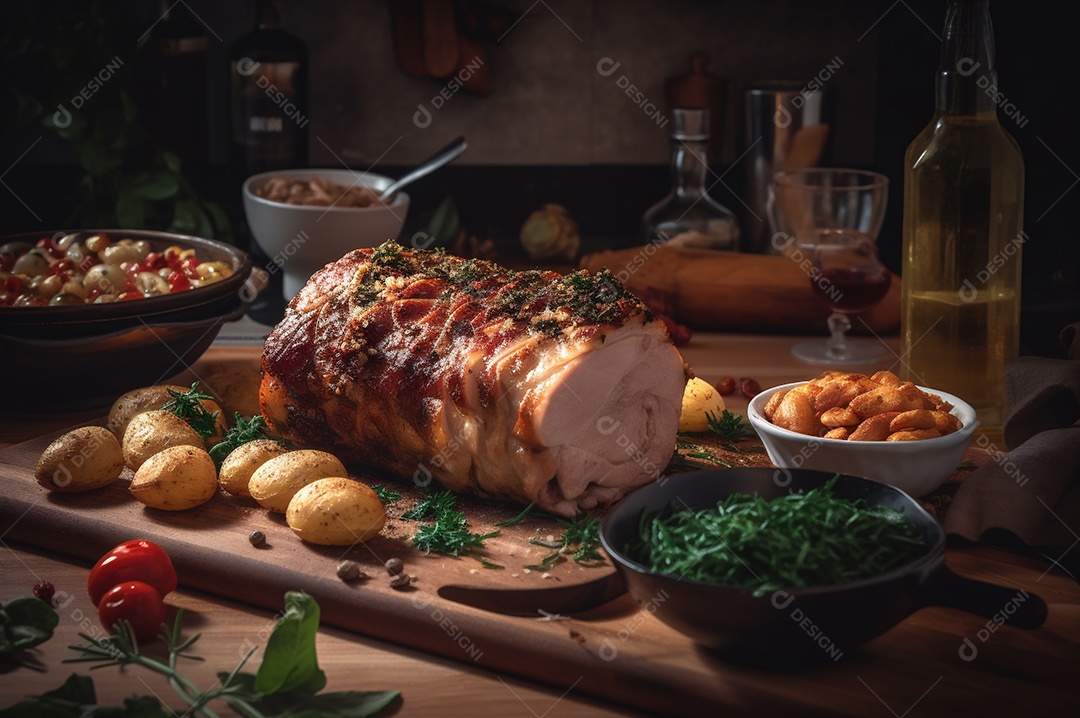 Lombo de porco assado caseiro com batatas assadas, ervas finas e amêndoas na tábua.