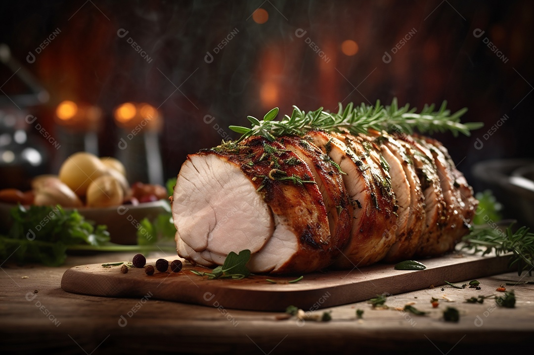 Lombo de porco assado caseiro com batatas assadas, ervas finas e amêndoas na tábua.