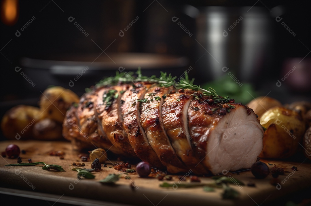 Lombo de porco assado caseiro com batatas assadas, ervas finas e amêndoas na tábua.