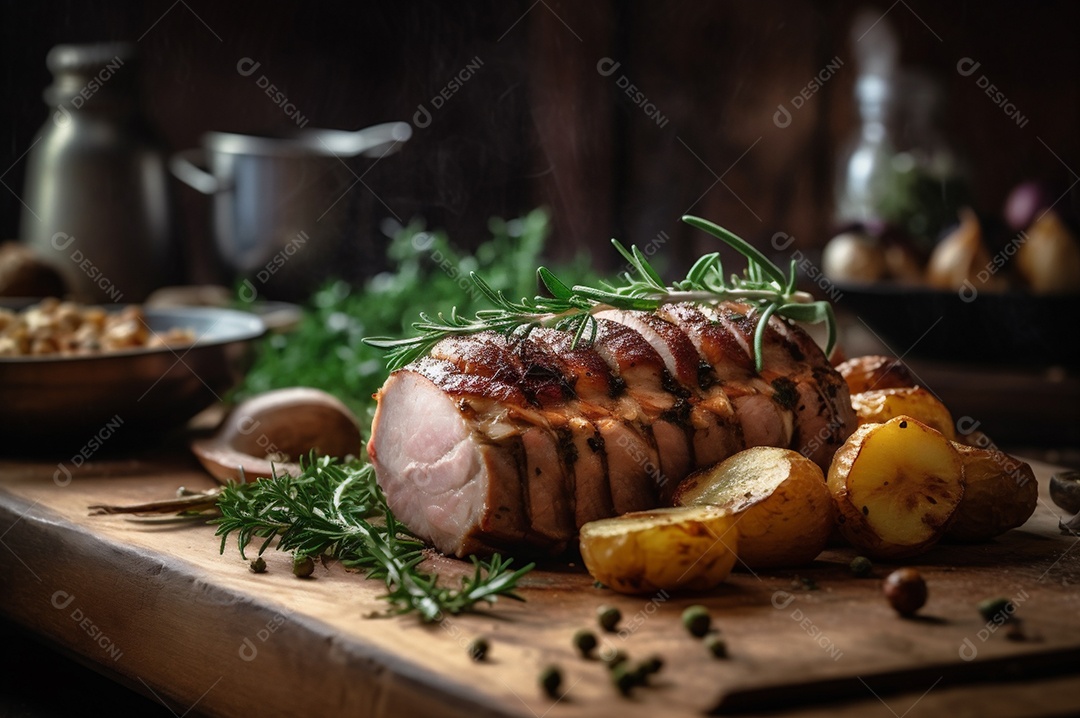 Lombo de porco assado caseiro com batatas assadas, ervas finas e amêndoas na tábua.