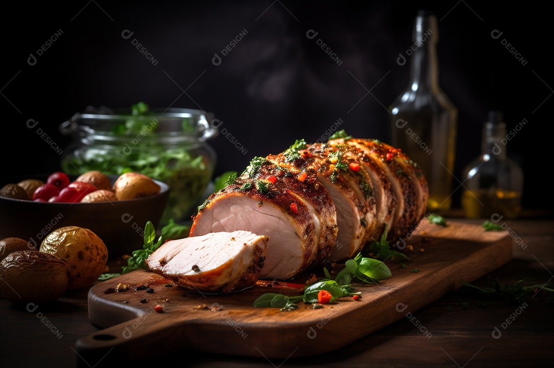 Lombo de porco assado caseiro com batatas assadas, ervas finas e amêndoas na tábua.