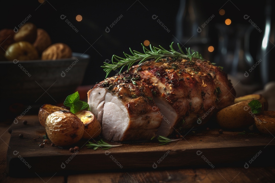 Lombo de porco assado caseiro com batatas assadas, ervas finas e amêndoas na tábua.