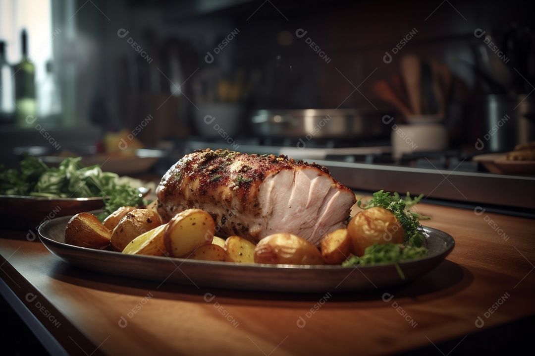 Lombo de porco assado caseiro com batatas assadas, ervas finas e amêndoas na tábua.