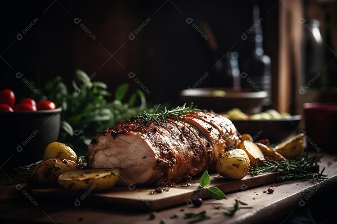 Lombo de porco assado caseiro com batatas assadas, ervas finas e amêndoas na tábua.