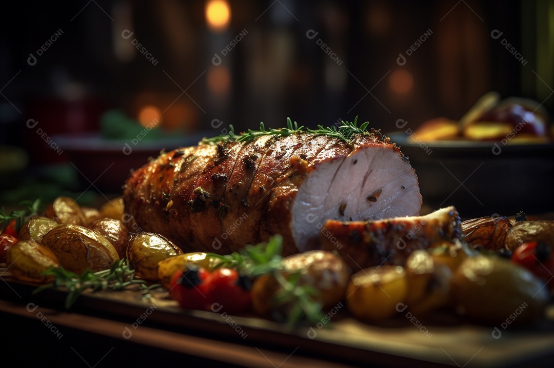 Lombo de porco assado caseiro com batatas assadas, ervas finas e amêndoas na tábua.