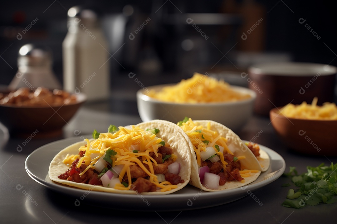 Tacos com fricassé, mexidos, ovos e bacon cobertos com queijo e cebolinha.