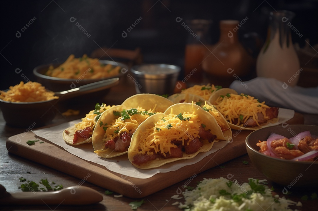 Tacos com fricassé, mexidos, ovos e bacon cobertos com queijo e cebolinha.