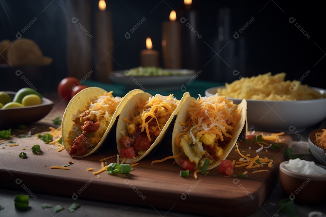Tacos com fricassé, mexidos, ovos e bacon cobertos com queijo e cebolinha.