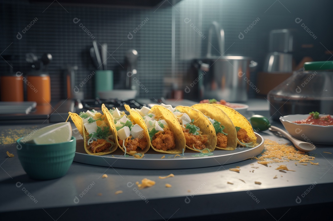 Tacos com fricassé, mexidos, ovos e bacon cobertos com queijo e cebolinha.