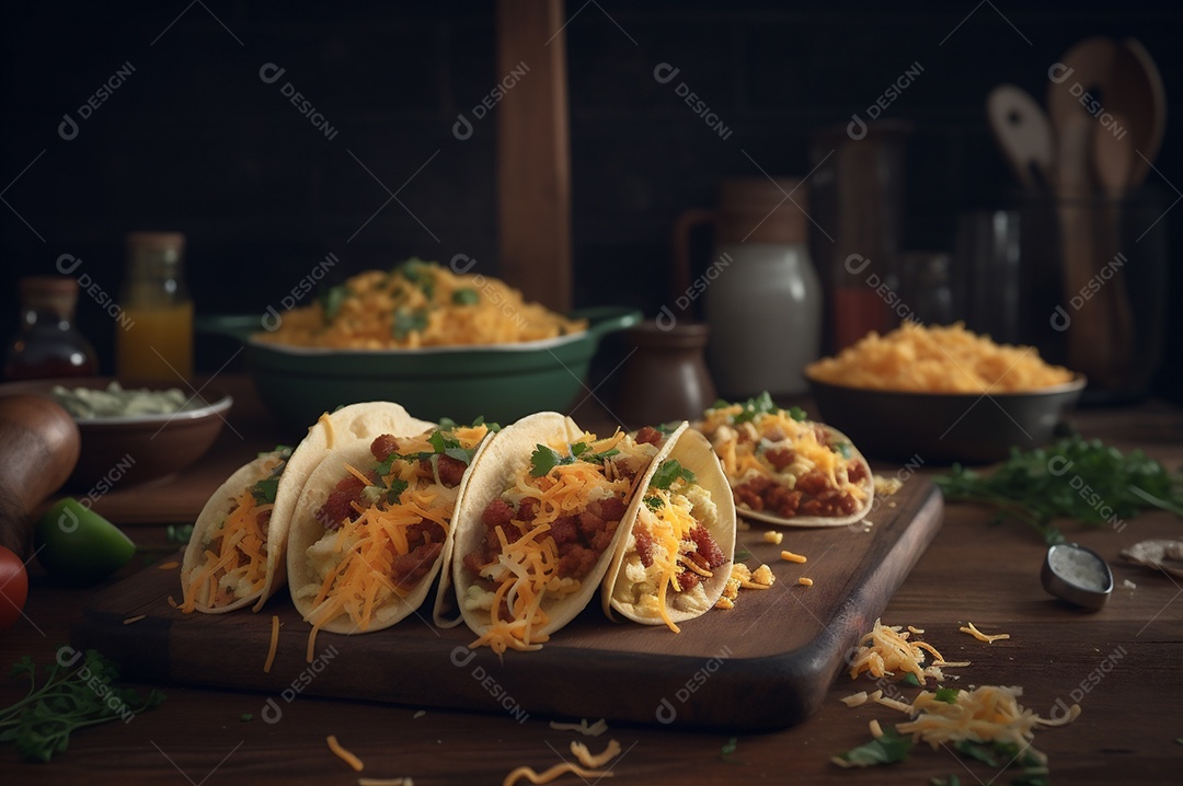 Tacos com fricassé, mexidos, ovos e bacon cobertos com queijo e cebolinha.
