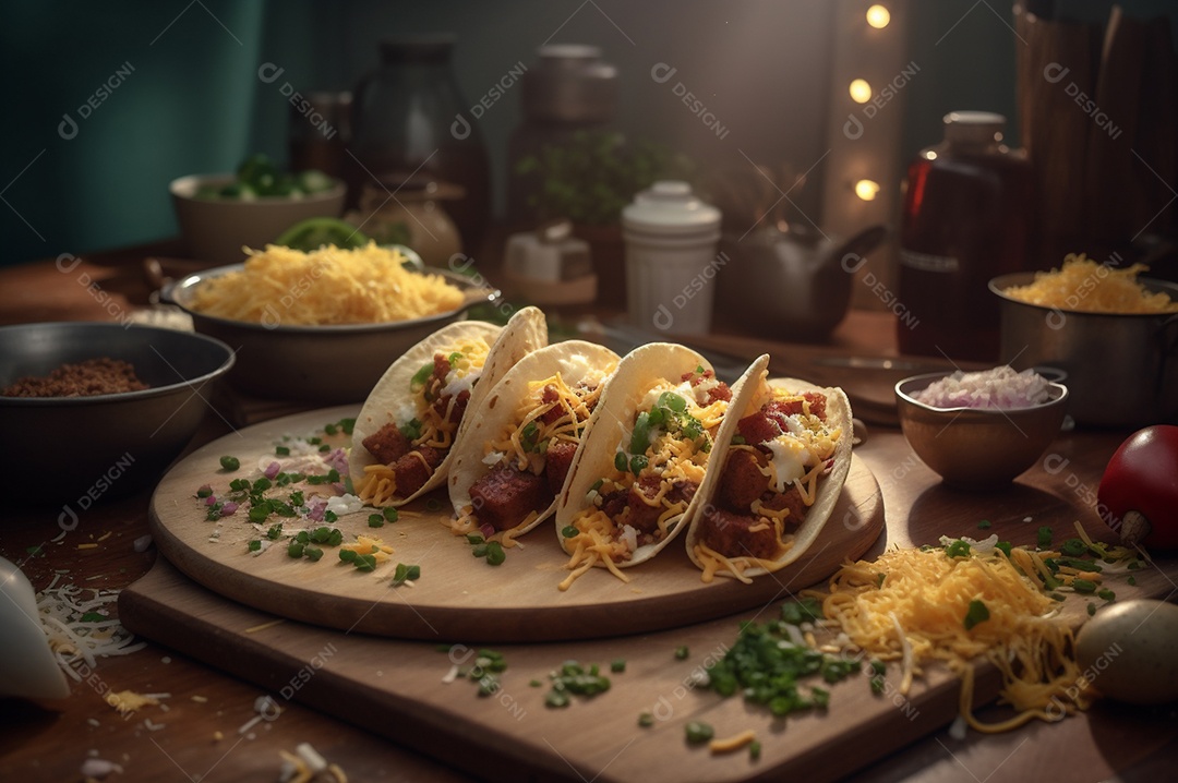 Tacos com fricassé, mexidos, ovos e bacon cobertos com queijo e cebolinha.