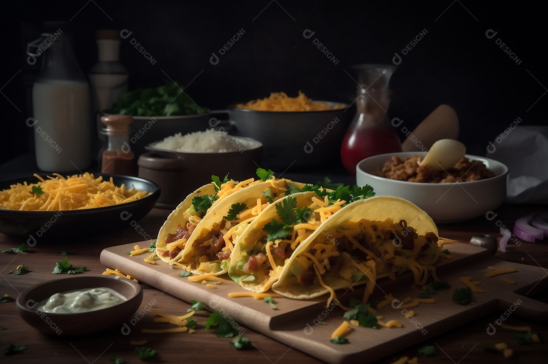 Tacos com fricassé, mexidos, ovos e bacon cobertos com queijo e cebolinha.