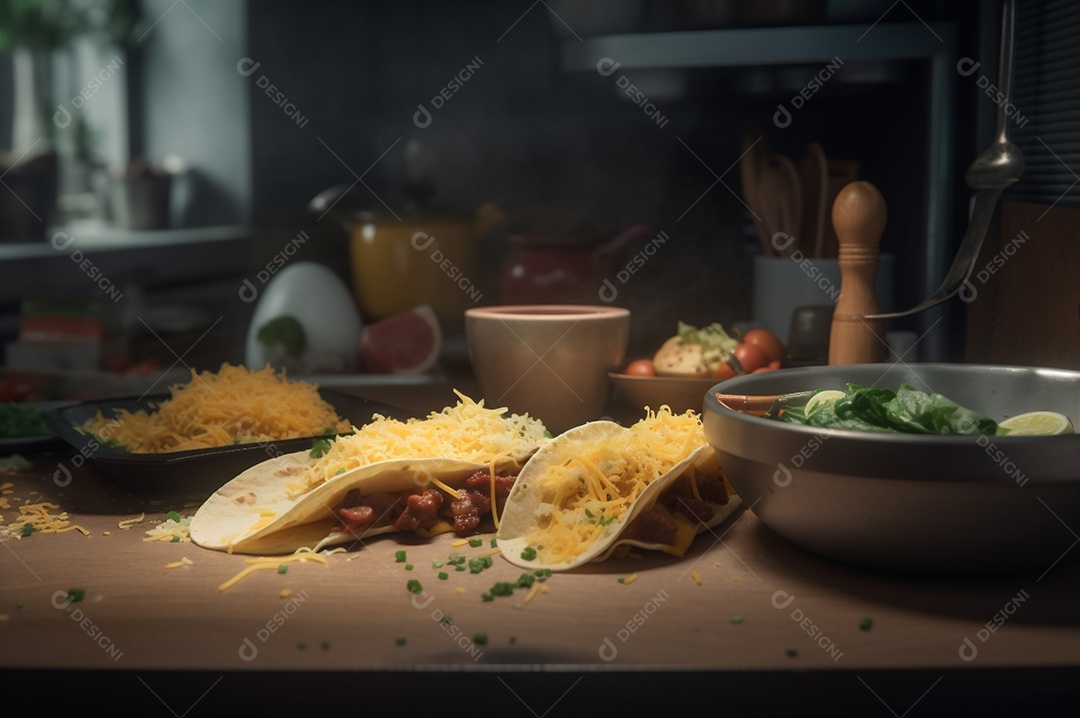 Tacos com fricassé, mexidos, ovos e bacon cobertos com queijo e cebolinha.