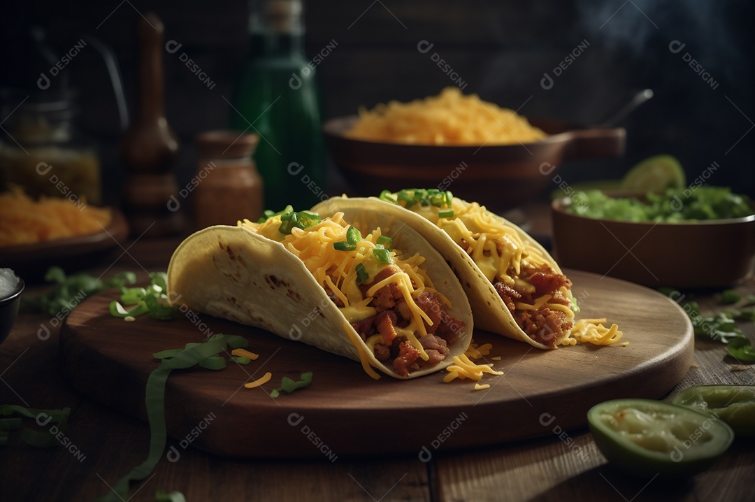 Tacos com fricassé, mexidos, ovos e bacon cobertos com queijo e cebolinha.