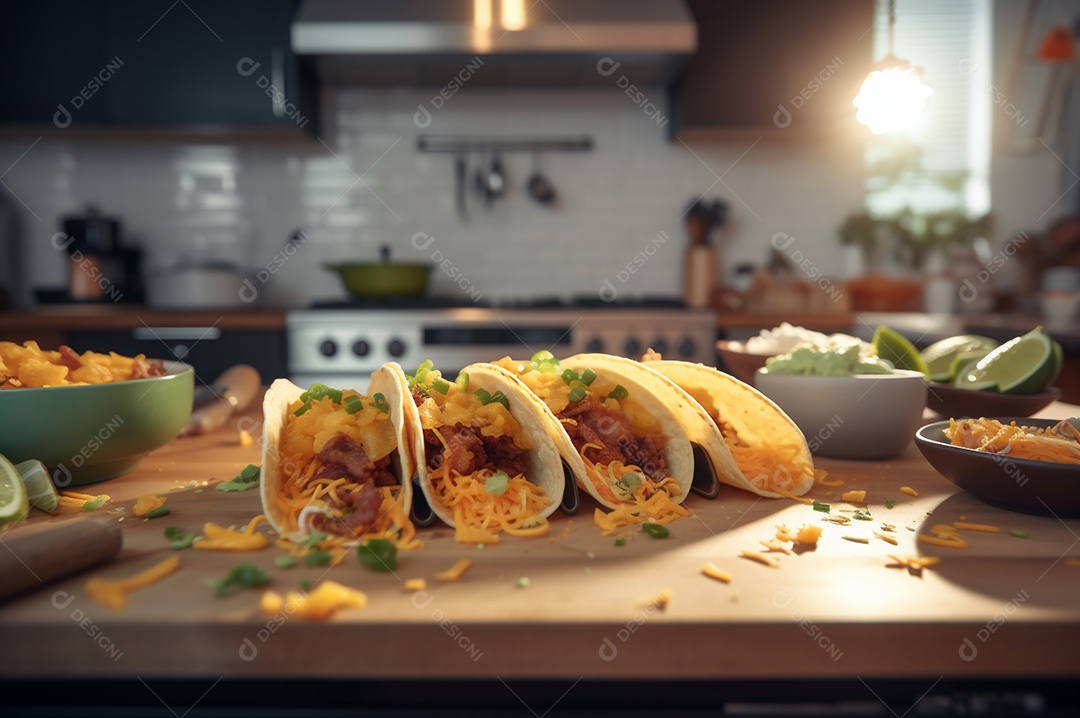 Tacos com fricassé, mexidos, ovos e bacon cobertos com queijo e cebolinha.