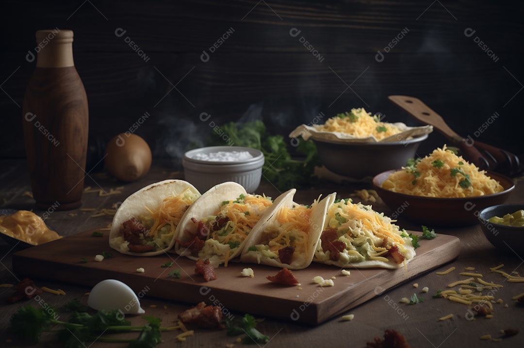 Tacos com fricassé, mexidos, ovos e bacon cobertos com queijo e cebolinha.
