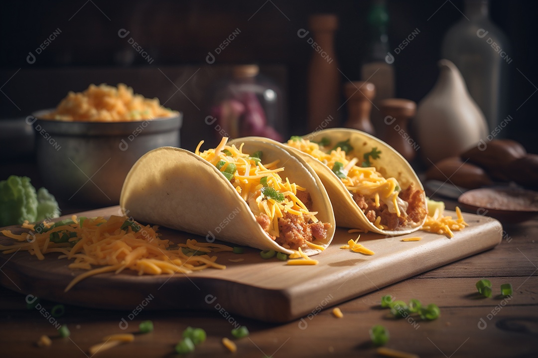 Tacos com fricassé, mexidos, ovos e bacon cobertos com queijo e cebolinha.