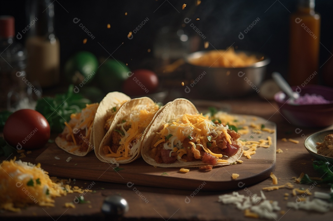 Tacos com fricassé, mexidos, ovos e bacon cobertos com queijo e cebolinha.
