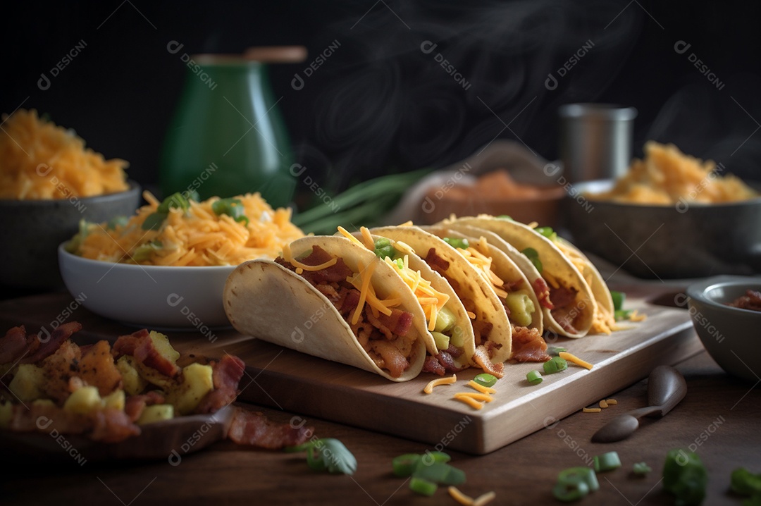 Tacos com fricassé, mexidos, ovos e bacon cobertos com queijo e cebolinha.