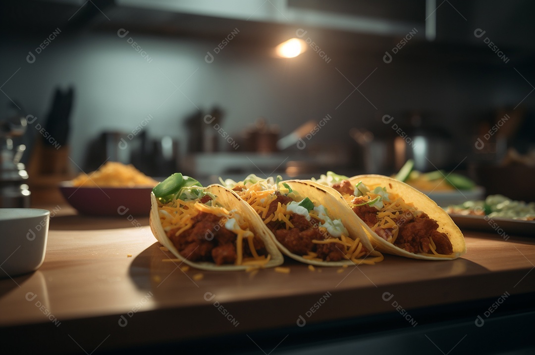 Tacos com fricassé, mexidos, ovos e bacon cobertos com queijo e cebolinha.