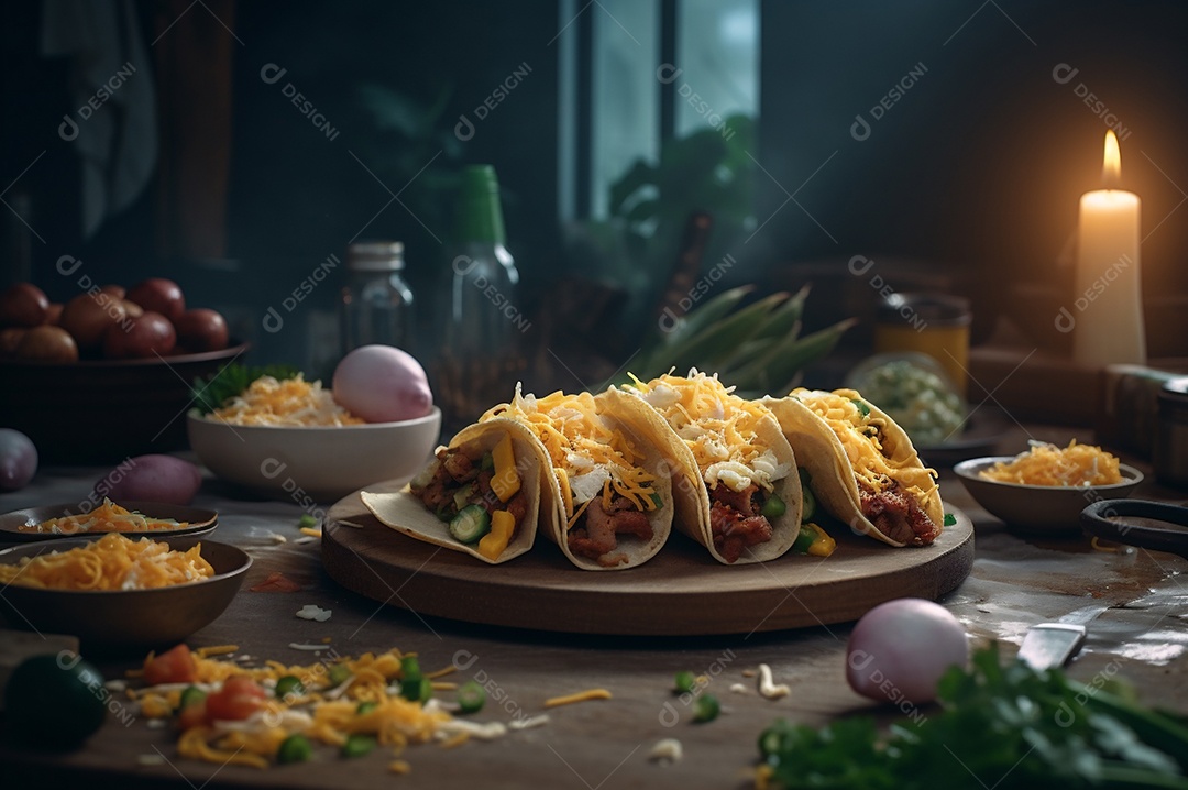 Tacos com fricassé, mexidos, ovos e bacon cobertos com queijo e cebolinha.