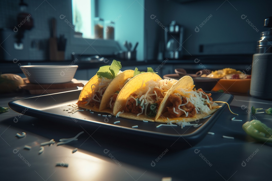 Tacos com fricassé, mexidos, ovos e bacon cobertos com queijo e cebolinha.