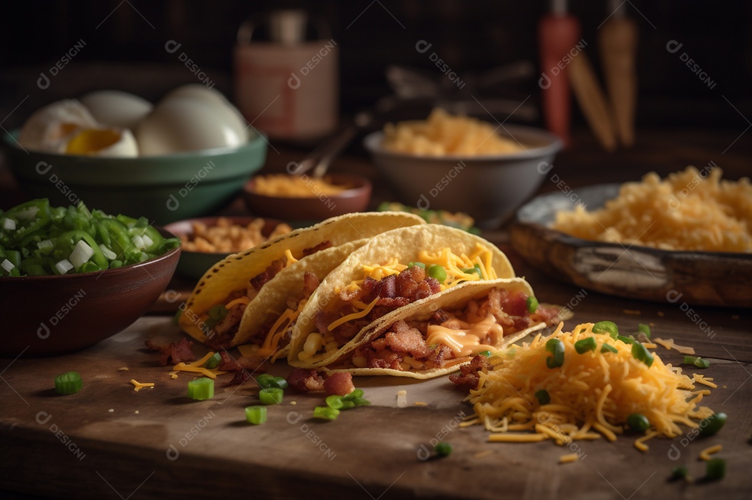 Tacos com fricassé, mexidos, ovos e bacon cobertos com queijo e cebolinha.
