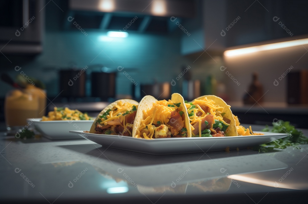 Tacos com fricassé, mexidos, ovos e bacon cobertos com queijo e cebolinha.