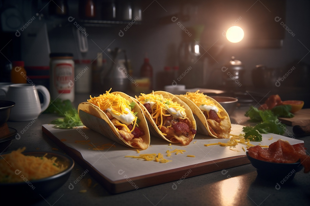 Tacos com fricassé, mexidos, ovos e bacon cobertos com queijo e cebolinha.