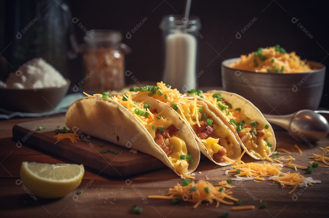 Tacos com fricassé, mexidos, ovos e bacon cobertos com queijo e cebolinha.