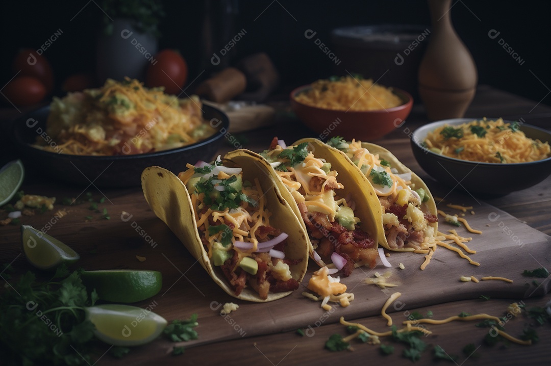 Tacos com fricassé, mexidos, ovos e bacon cobertos com queijo e cebolinha.