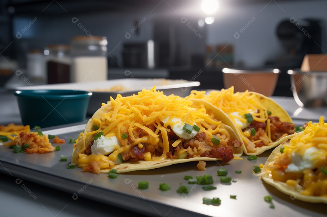 Tacos com fricassé, mexidos, ovos e bacon cobertos com queijo e cebolinha.