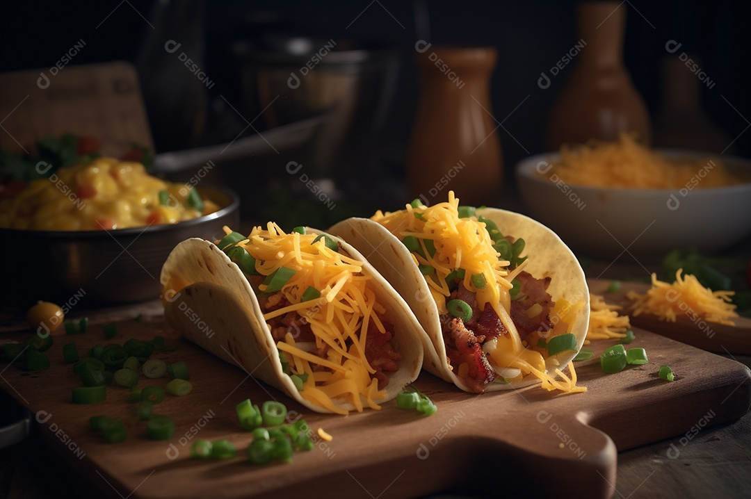Tacos com fricassé, mexidos, ovos e bacon cobertos com queijo e cebolinha.