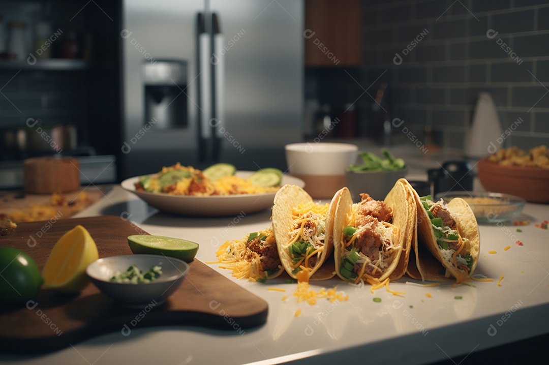 Tacos com fricassé, mexidos, ovos e bacon cobertos com queijo e cebolinha.