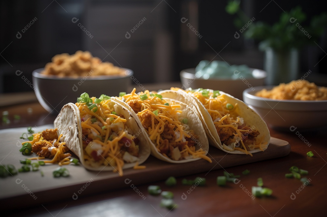 Tacos com fricassé, mexidos, ovos e bacon cobertos com queijo e cebolinha.