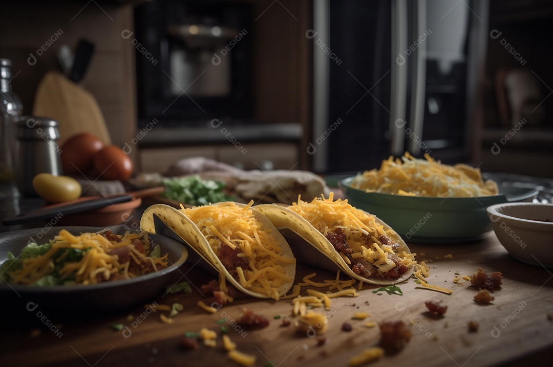 Tacos com fricassé, mexidos, ovos e bacon cobertos com queijo e cebolinha.