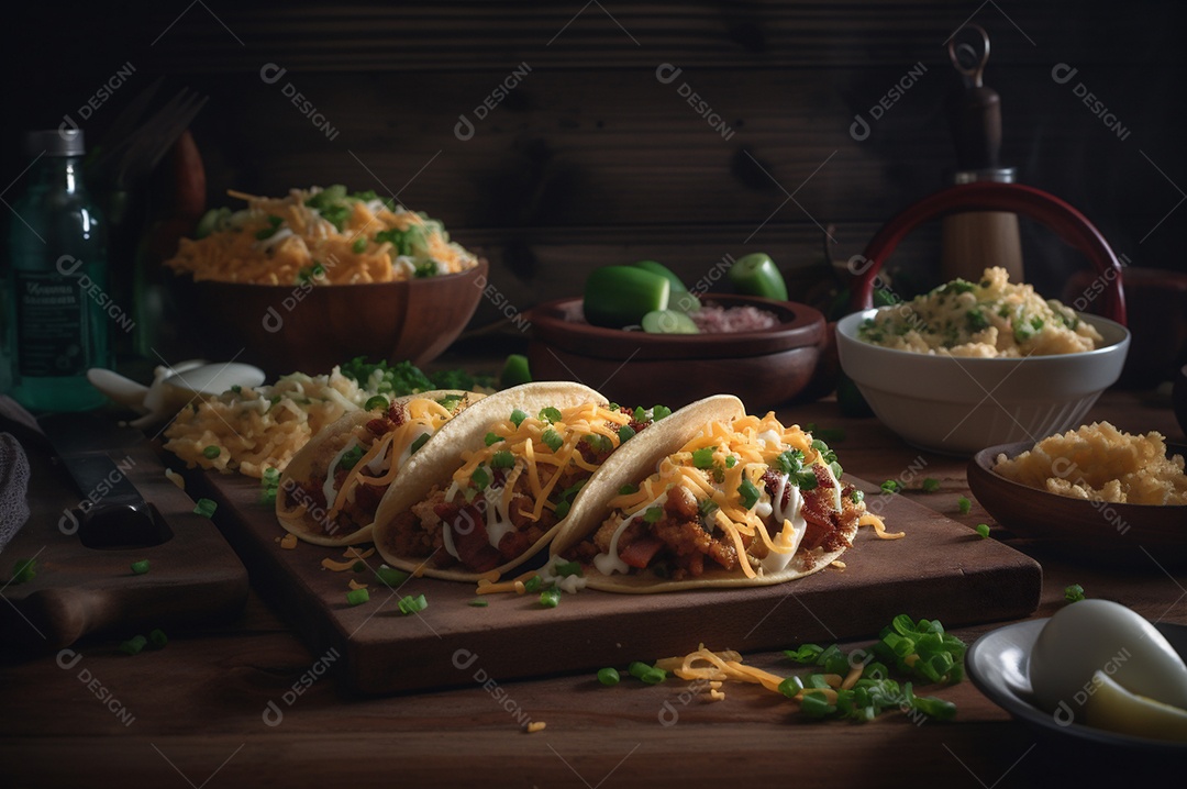 Tacos com fricassé, mexidos, ovos e bacon cobertos com queijo e cebolinha.