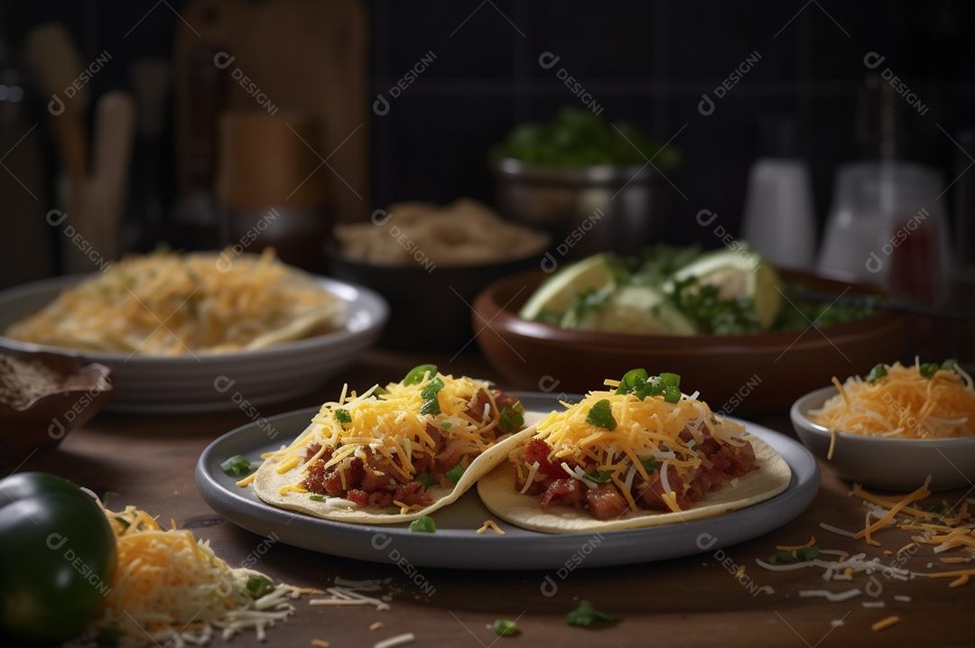 Tacos com fricassé, mexidos, ovos e bacon cobertos com queijo e cebolinha.