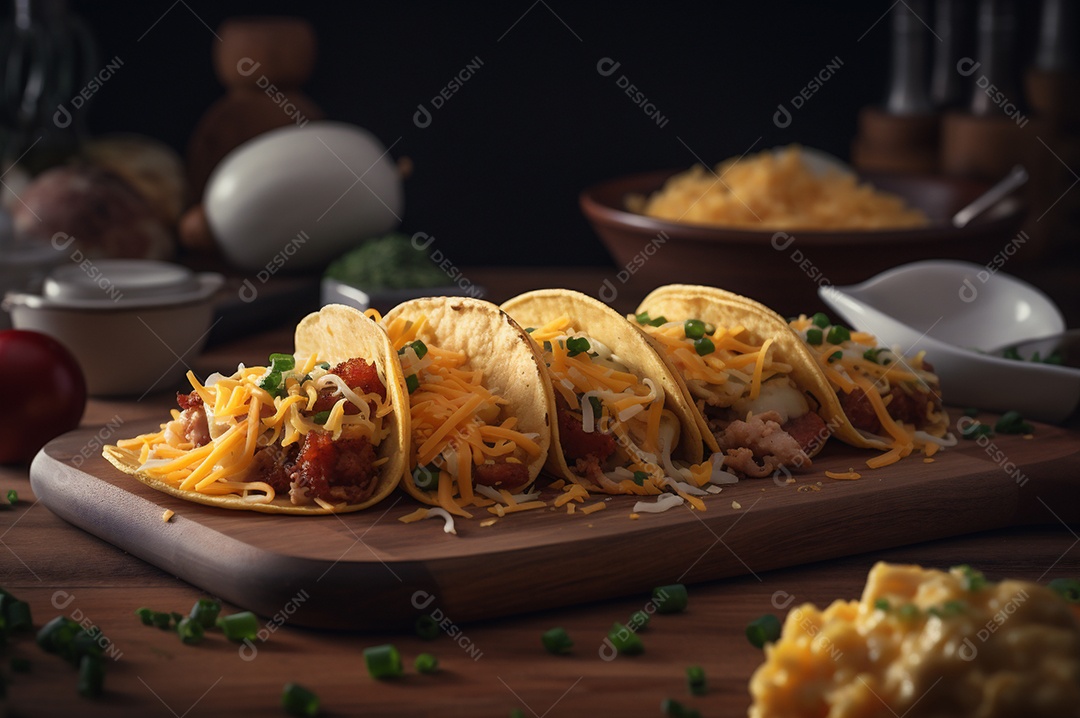 Tacos com fricassé, mexidos, ovos e bacon cobertos com queijo e cebolinha.