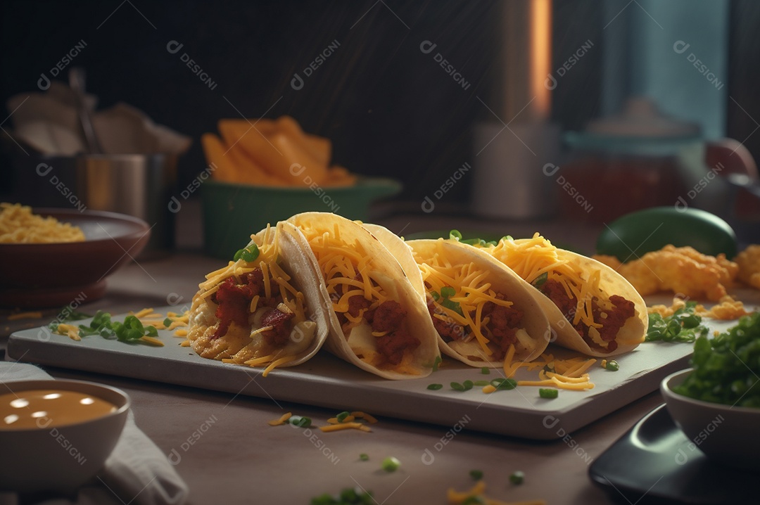Tacos com fricassé, mexidos, ovos e bacon cobertos com queijo e cebolinha.