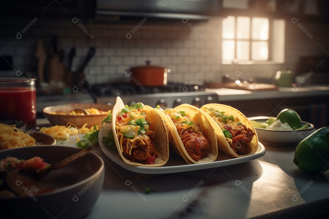 Tacos com fricassé, mexidos, ovos e bacon cobertos com queijo e cebolinha.