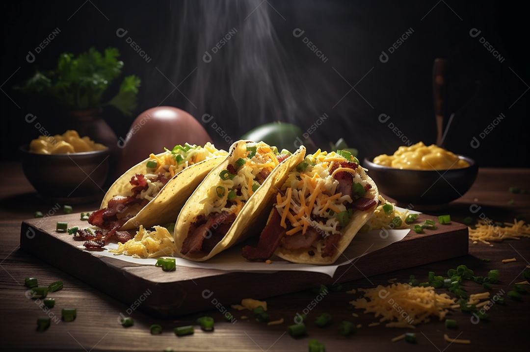 Tacos com fricassé, mexidos, ovos e bacon cobertos com queijo e cebolinha.