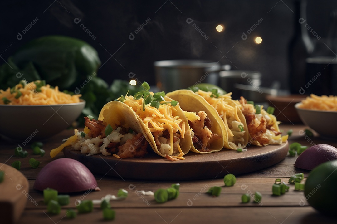Tacos com fricassé, mexidos, ovos e bacon cobertos com queijo e cebolinha.