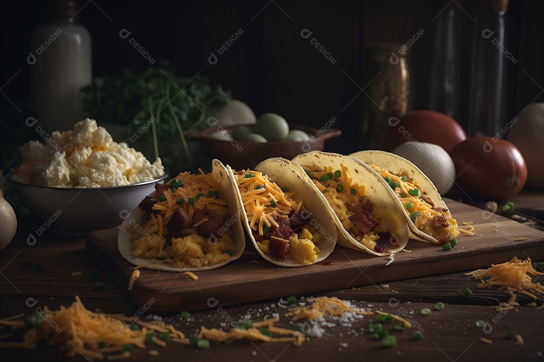 Tacos com fricassé, mexidos, ovos e bacon cobertos com queijo e cebolinha.