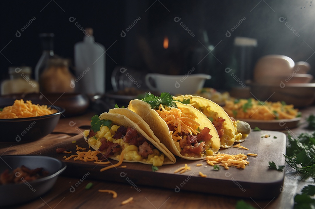 Tacos com fricassé, mexidos, ovos e bacon cobertos com queijo e cebolinha.