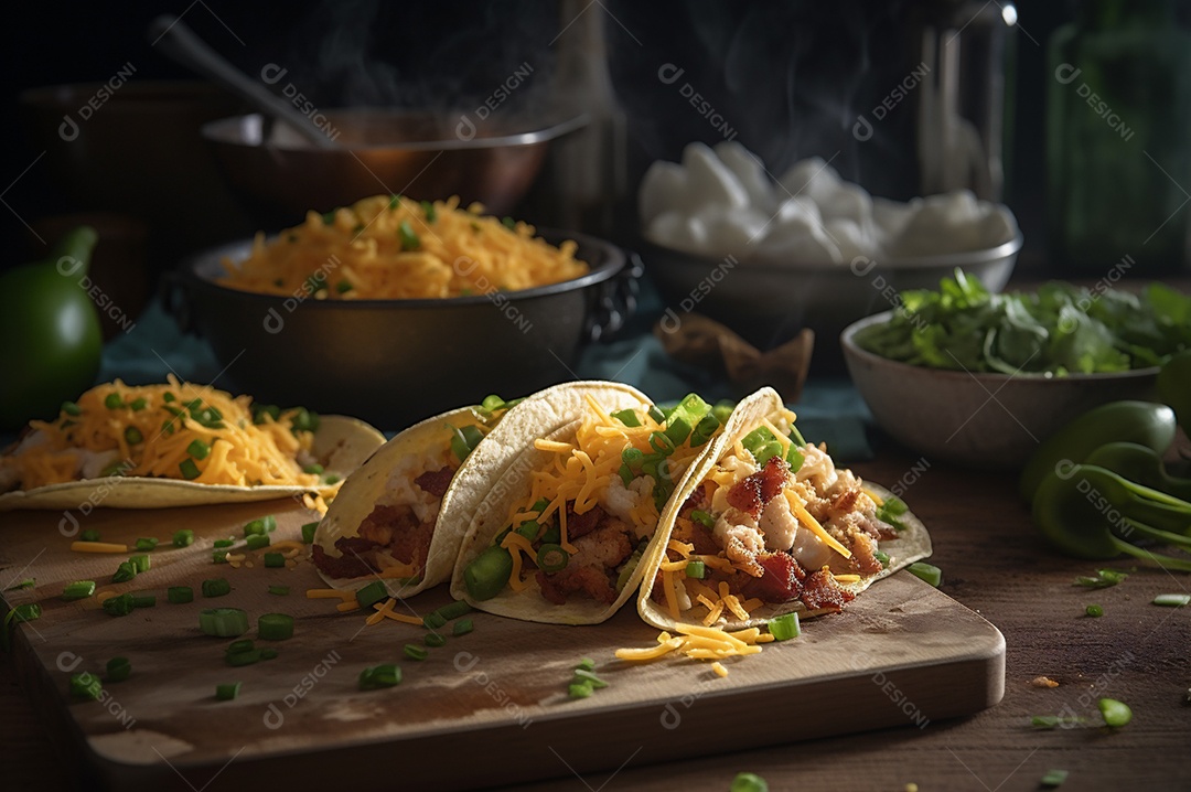 Tacos com fricassé, mexidos, ovos e bacon cobertos com queijo e cebolinha.