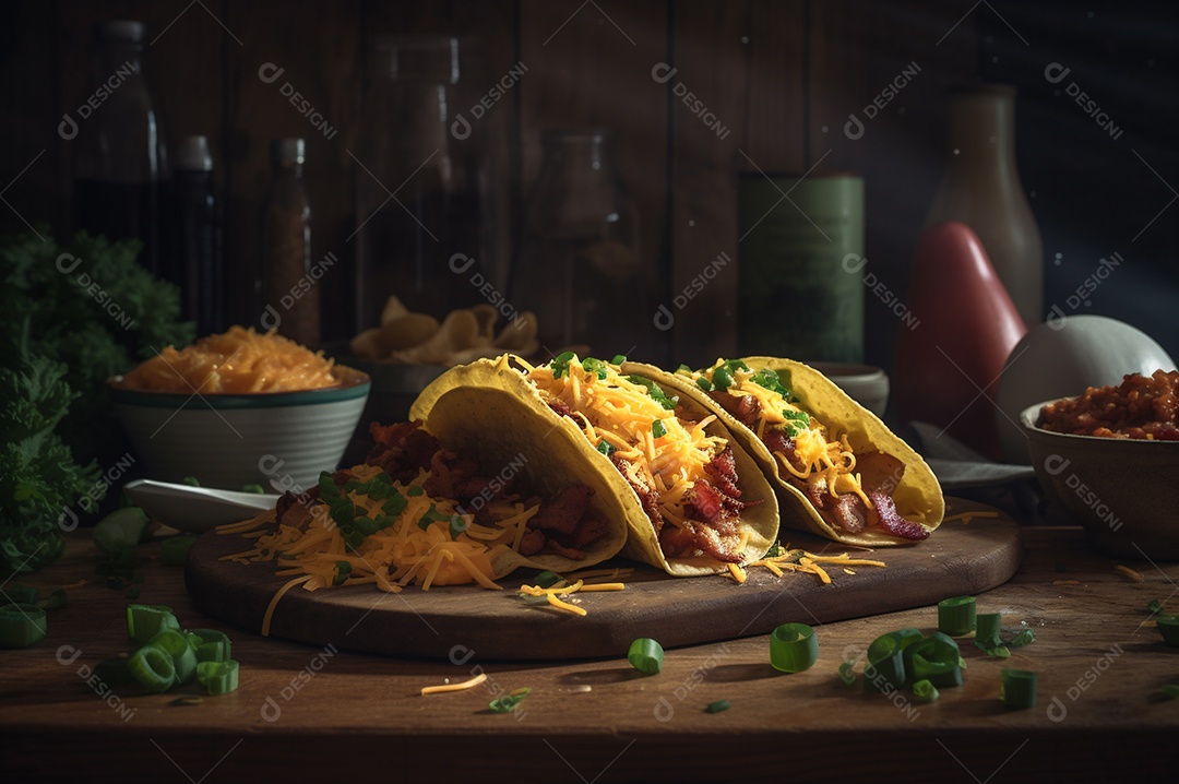 Tacos com fricassé, mexidos, ovos e bacon cobertos com queijo e cebolinha.