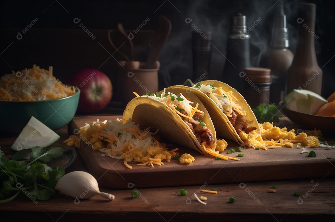 Tacos com fricassé, mexidos, ovos e bacon cobertos com queijo e cebolinha.