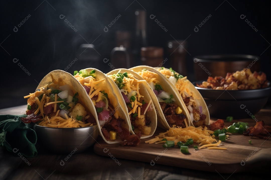 Tacos com fricassé, mexidos, ovos e bacon cobertos com queijo e cebolinha.