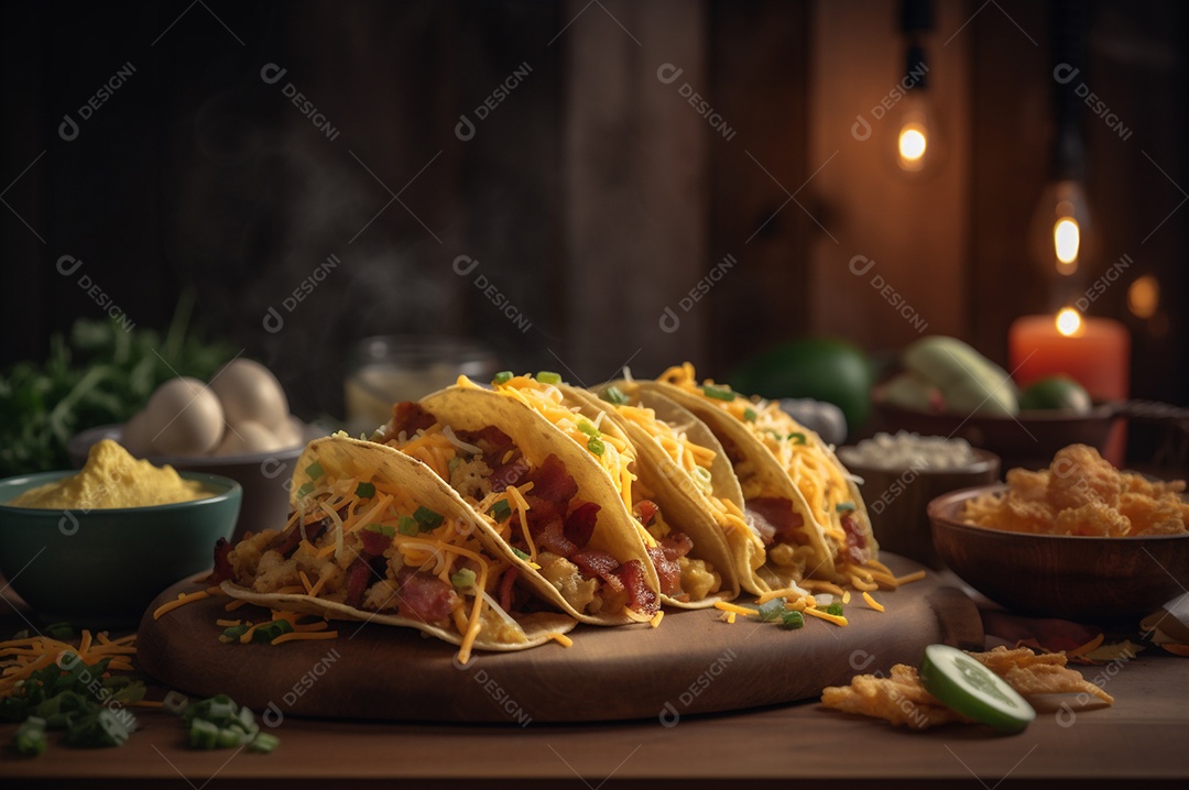 Tacos com fricassé, mexidos, ovos e bacon cobertos com queijo e cebolinha.
